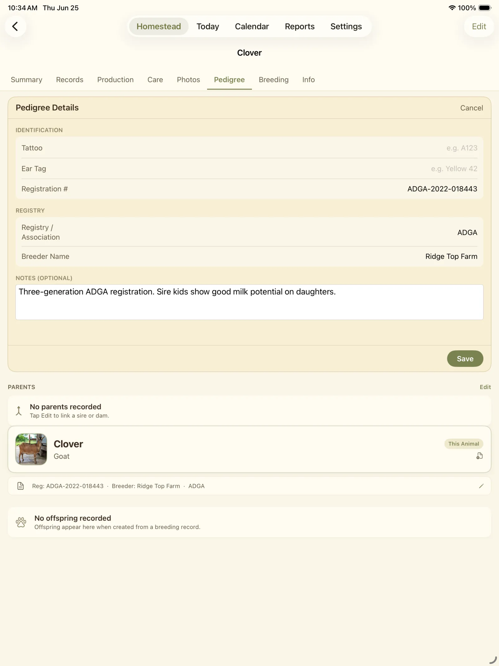 Pregnancy details record with status, expected date, notes, and linked animal record.
